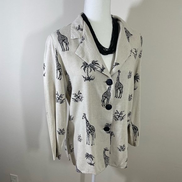 Michael Taylor sz med blazer lightweight rayon/linen blend natural / black print - Picture 6 of 12